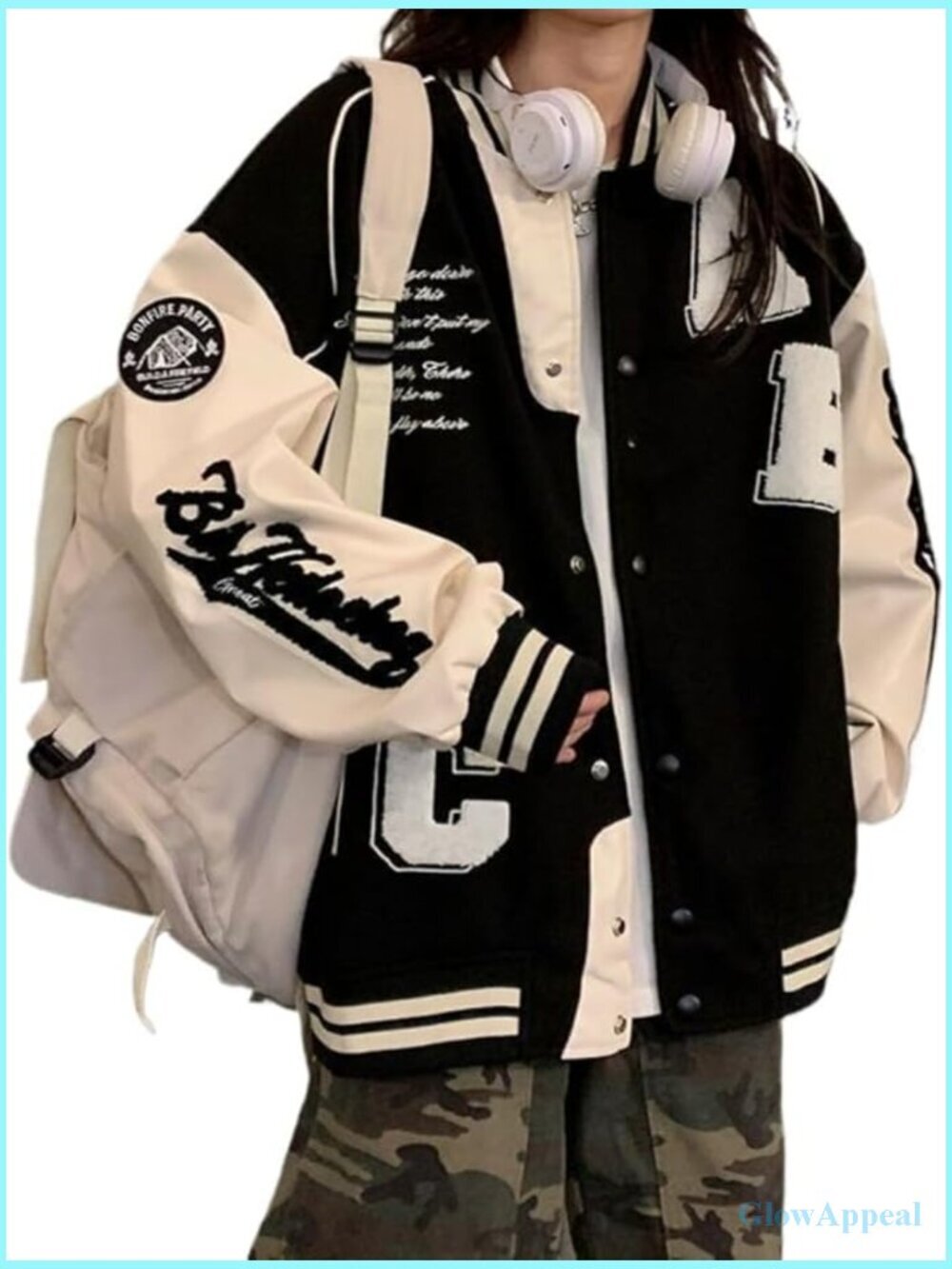 Oversized Polyester Bomber Jacket with Vintage Letter Print and Snap Closure